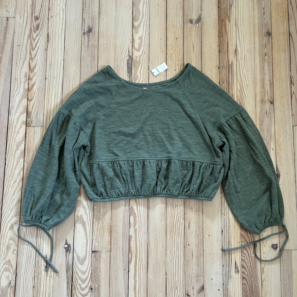 Aerie Peplum Balloon Sleeve Top Womens Small Olive Green Textured Cropped Knit